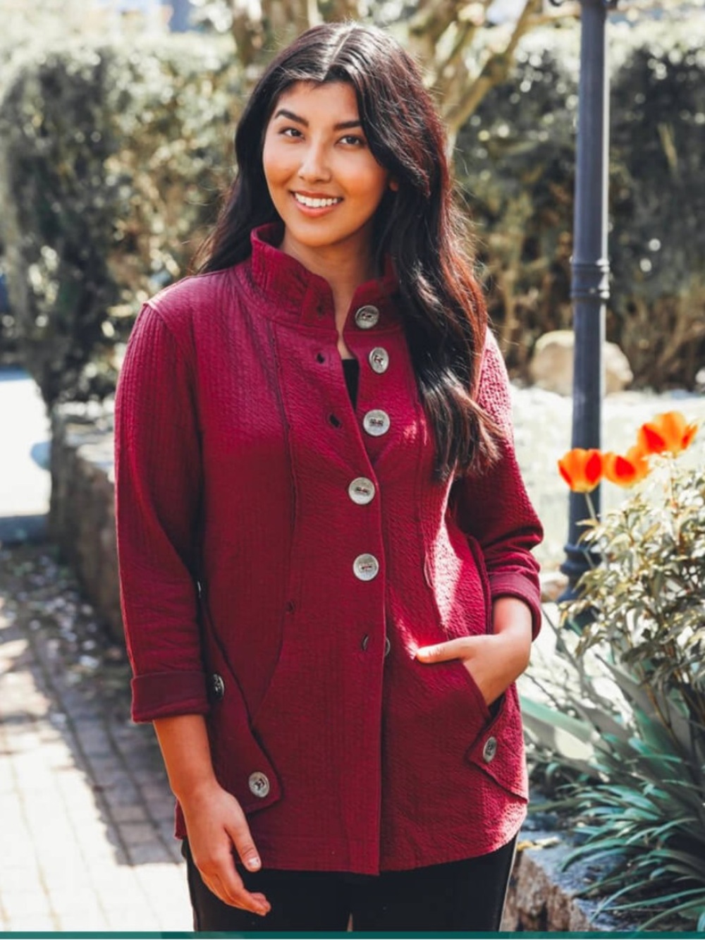 Neon Buddha Maroon Cotton Elegant Jacket with Silver Buttons and Pockets Size XL